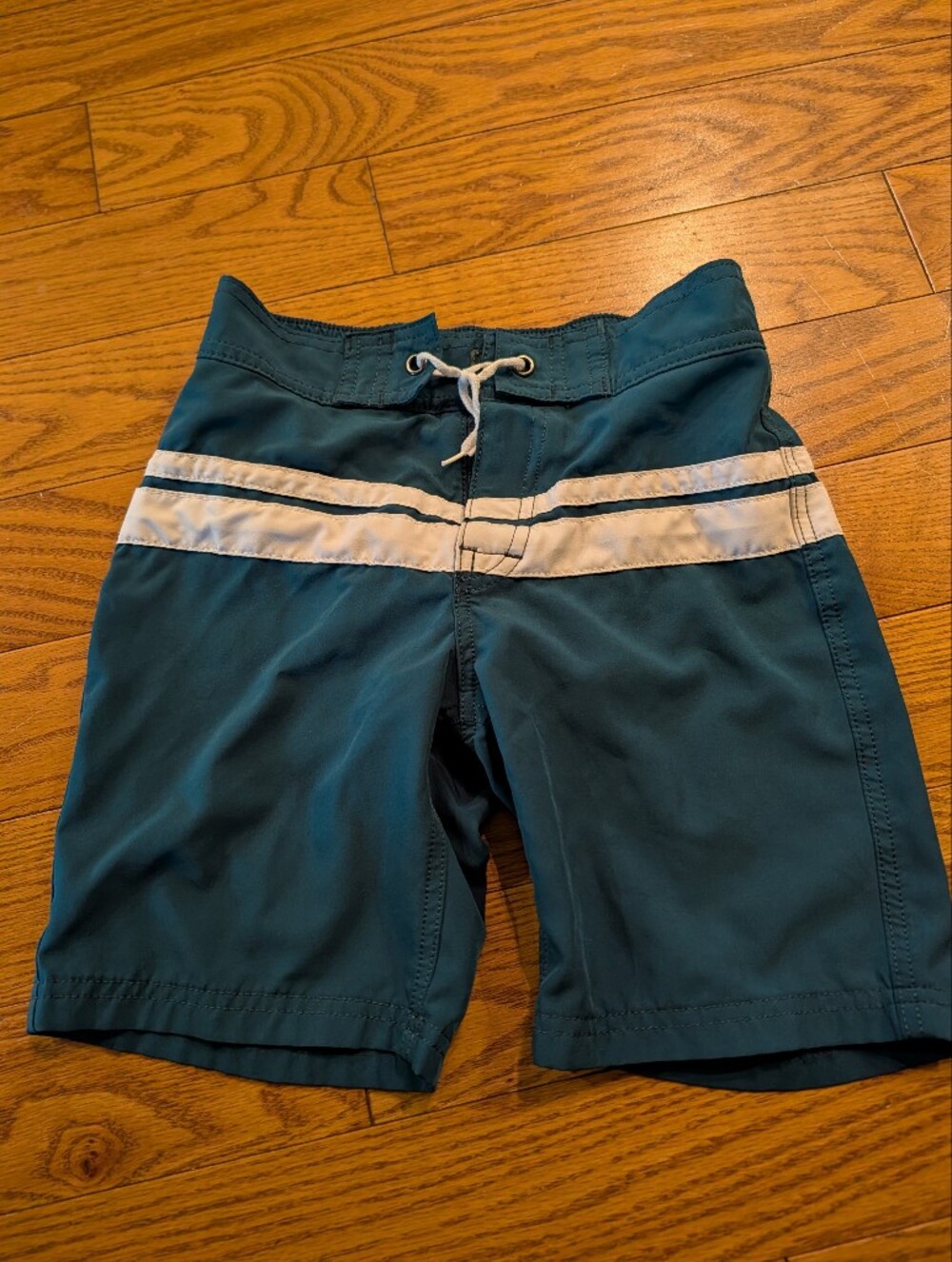 Boys Teal J.Crew Swim Trunks with White Stripe